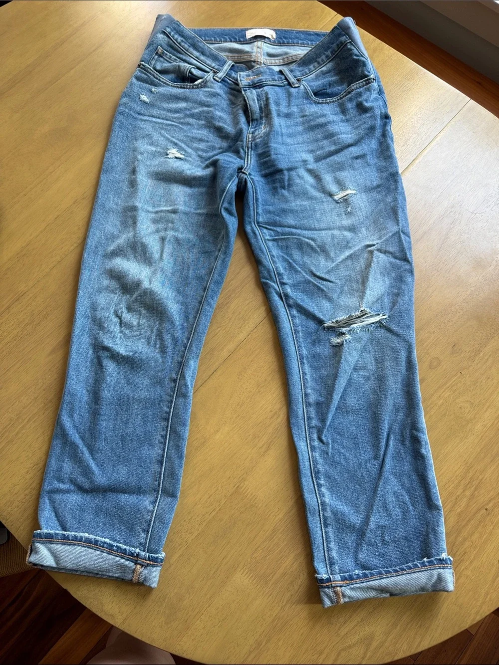 Hatch Women's Boyfriend Jeans in Light Blue with Distressed Details